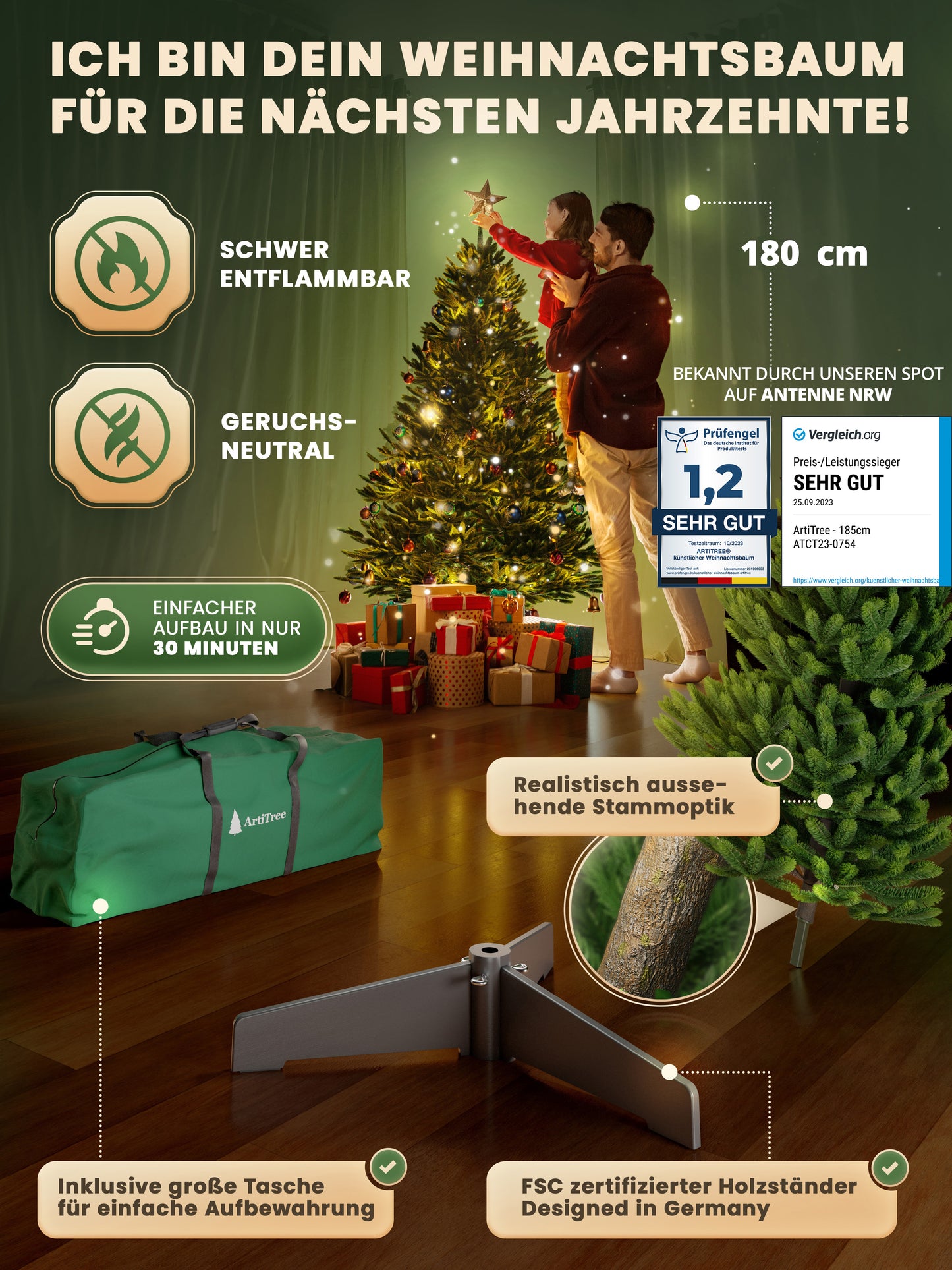 ArtiTree® Künstlicher Weihnachtsbaum - Premium Tanne 180cm
