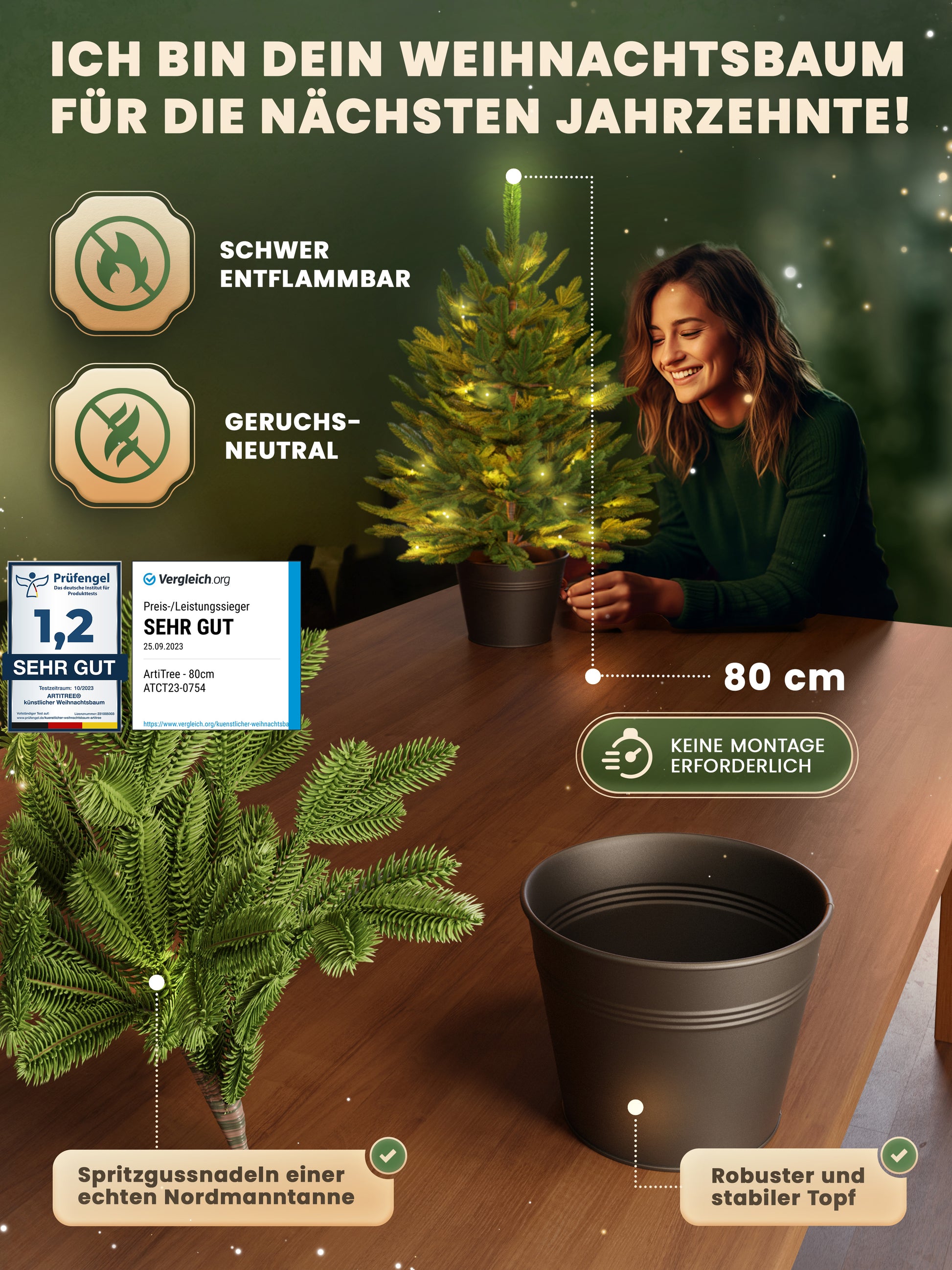 ArtiTree® Künstlicher Weihnachtsbaum - Premium 80cm Tanne im Topf