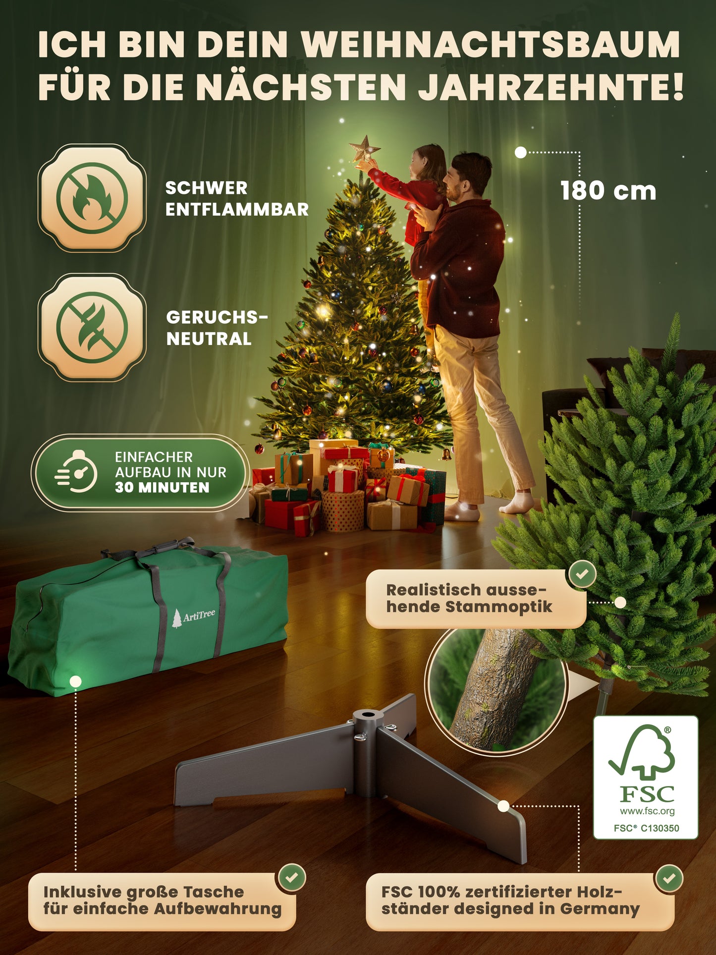 ArtiTree® Premium fir with integrated fairy lights &amp; wooden stand FSC*